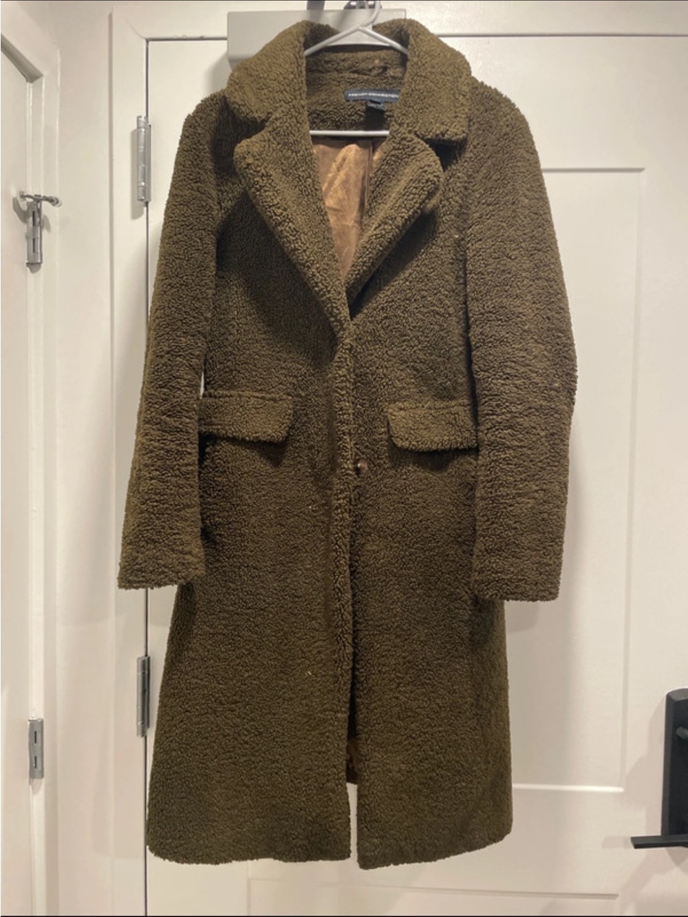 French Connection Sherpa Olive Teddy Long Coat Medium